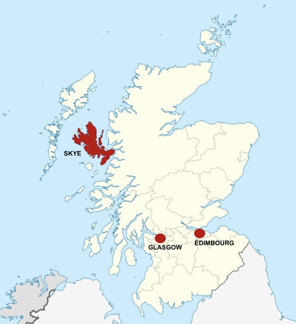 Carte qui situe l'île de Skye en Ecosse par rapport à Edimbourg et Glasgow.